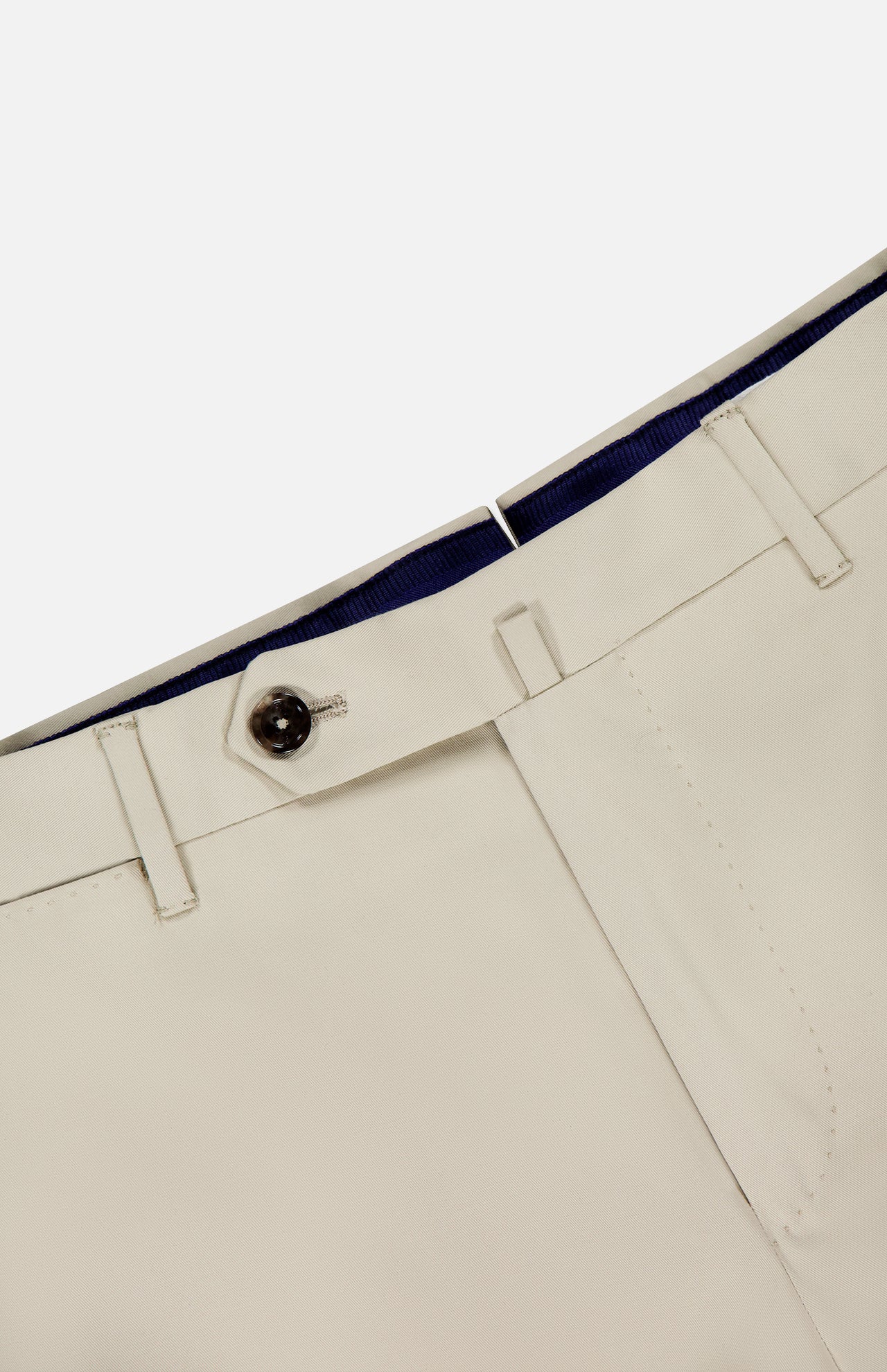Close-up of the waistband and upper section of PT TORINO's Slim Flat Front Stretch Fine Twill Trouser Pant in off-white, showcasing a black button closure, belt loops, and a glimpse of dark inner lining.
