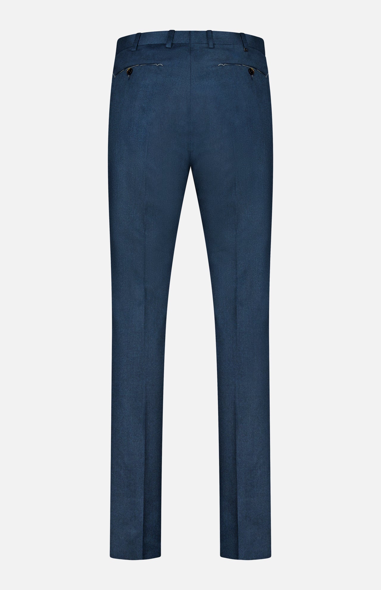 Back view of slim-fit teal blue Slim Flat Front Supreme Comfort Trousers by PT Torino, featuring two buttoned pockets.