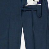 Close-up of PT Torino Slim Flat Front Supreme Comfort Trousers in navy blue, shown with the fly partially open to reveal the white and purple internal waistband lining.