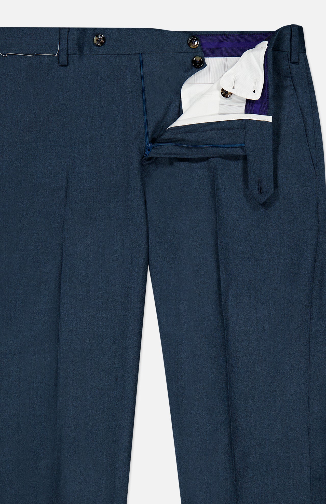 Close-up of PT Torino Slim Flat Front Supreme Comfort Trousers in navy blue, shown with the fly partially open to reveal the white and purple internal waistband lining.