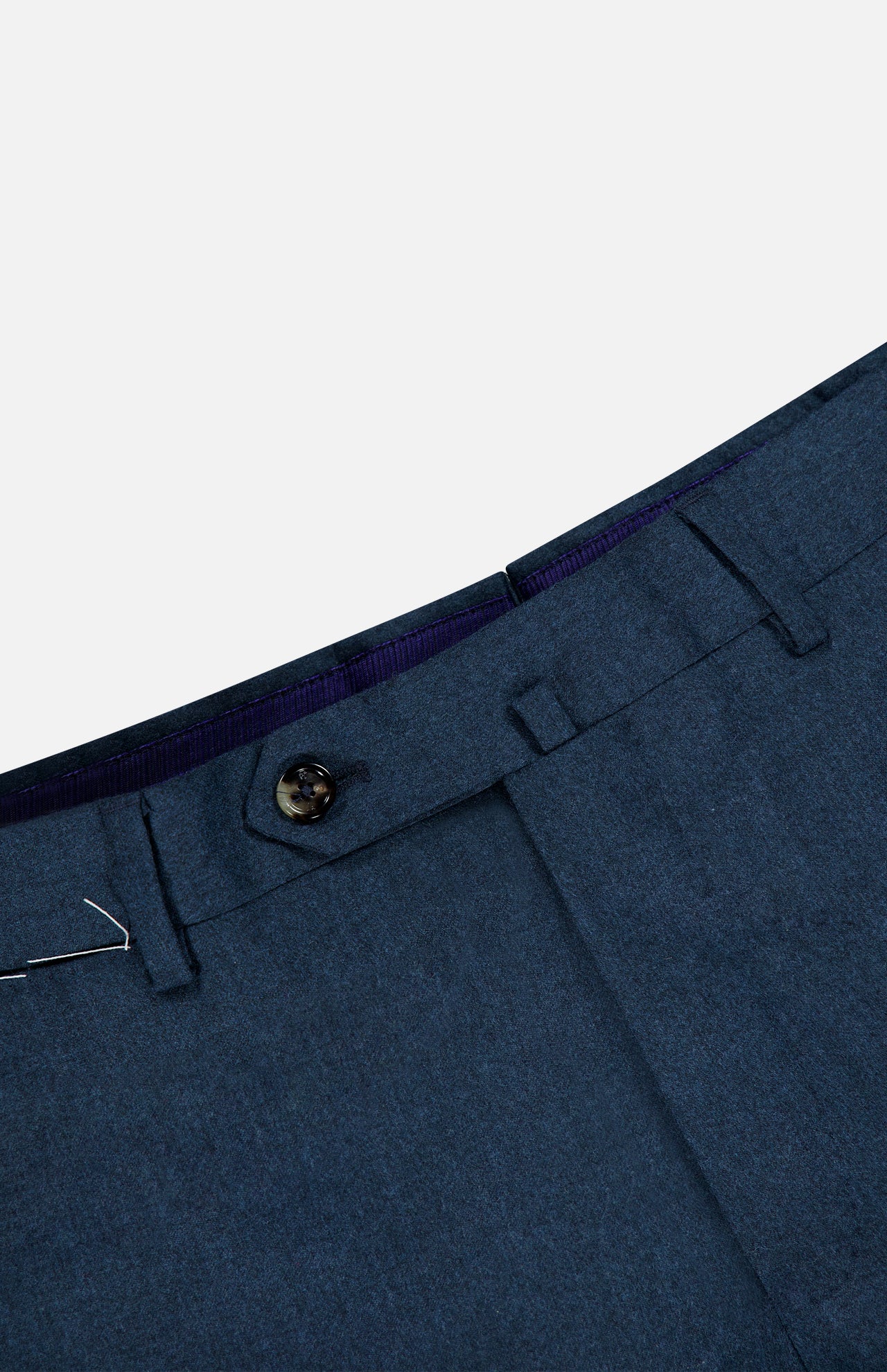 Close-up of the waistband of PT Torino Slim Flat Front Supreme Comfort Trousers in teal blue, featuring a single button closure and belt loops.