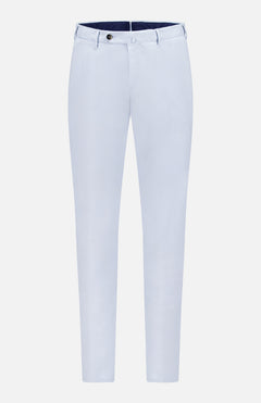 The PT TORINO Soft Fine Slim Flat Front Trouser Pant features a slim fit in light blue with belt loops, side pockets, and a button waist closure for comfort, shown on a plain white background.