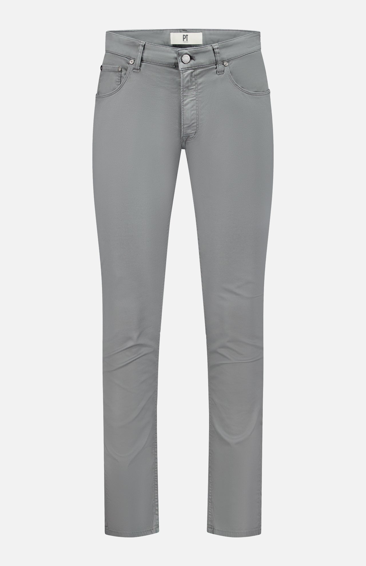 The PT TORINO Soft Stretch Gabardine Pants in Grigio are slim-fit men's jeans from Italy, featuring front and back pockets plus button and zip closure, shown against a plain white background.