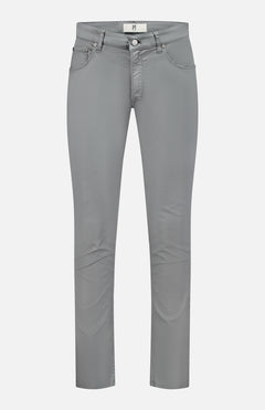 The PT TORINO Soft Stretch Gabardine Pants in Grigio are slim-fit men's jeans from Italy, featuring front and back pockets plus button and zip closure, shown against a plain white background.