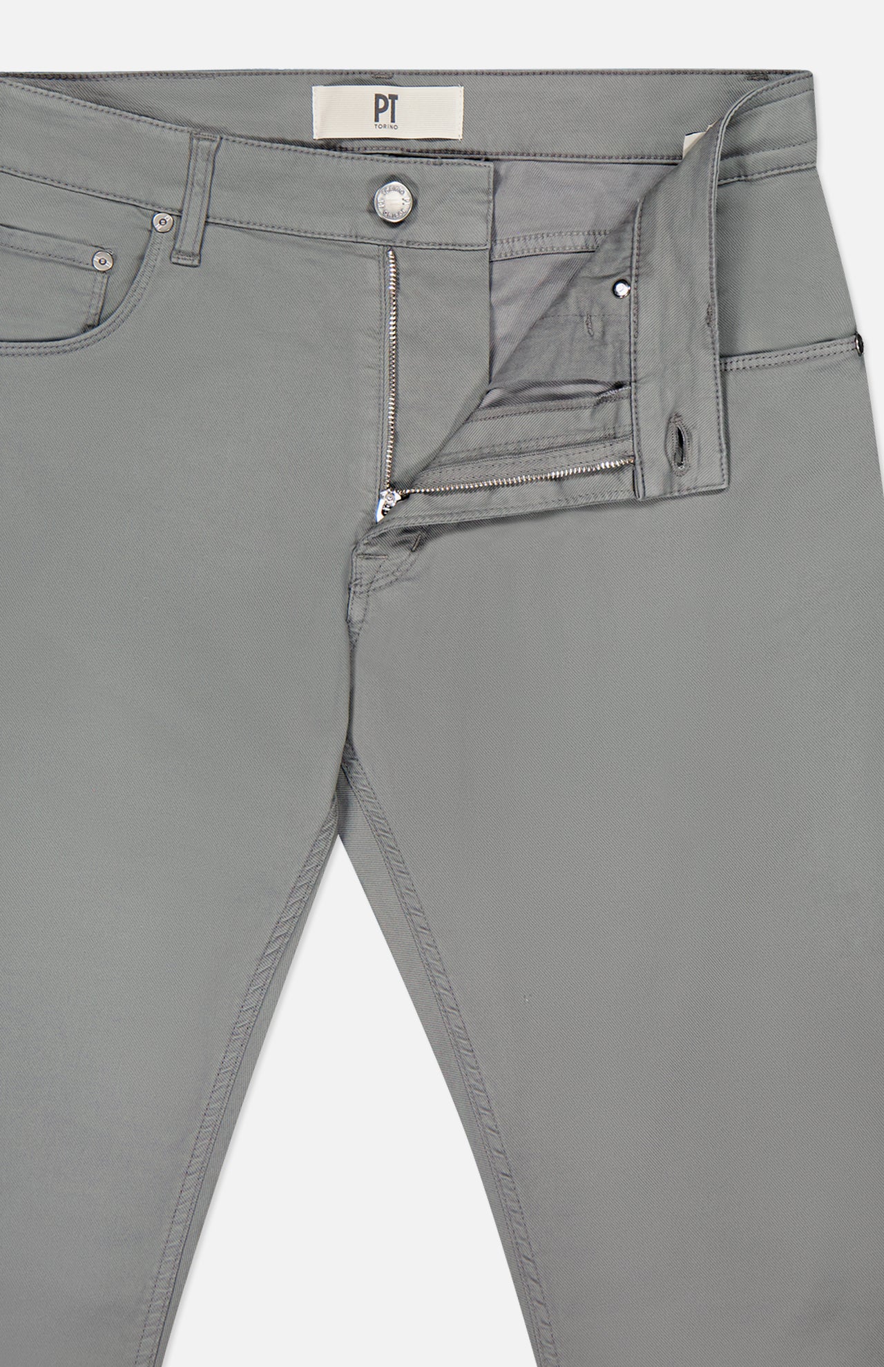 A pair of Soft Stretch Gabardine Pants in Grigio by PT TORINO with the front zipper and button undone, revealing the waistband, pocket, inside fabric, and an inner waistband label marked “PT.”.
