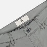 Close-up of the waist on Soft Stretch Gabardine Pants in Grigio by PT TORINO, showing belt loops, button, zipper, and an inside white PT TORINO label. Expertly crafted in Italy for refined men's style.