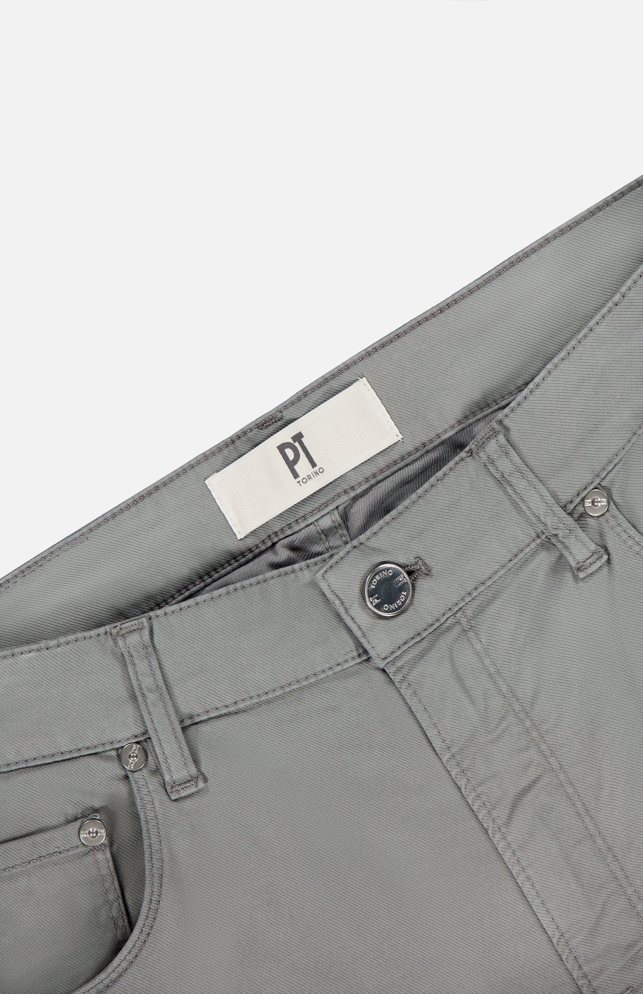 Close-up of the waist on Soft Stretch Gabardine Pants in Grigio by PT TORINO, showing belt loops, button, zipper, and an inside white PT TORINO label. Expertly crafted in Italy for refined men's style.