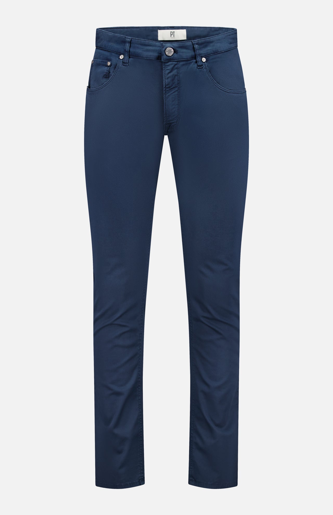 The PT TORINO Soft Stretch Gabardine Pants in Navy Scuro feature a slim fit, classic 5-pocket design, front and back pockets, button and zip closure, and belt loops—elegantly shown against a plain white background.