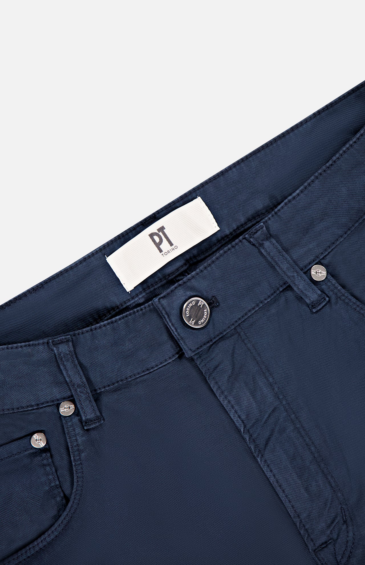 Close-up of the waistband and upper section of PT TORINO Soft Stretch Gabardine Pants in Navy Scuro, featuring a 5-pocket design, silver buttons, belt loops, front pockets, and a white PT TORINO label inside the waistband.