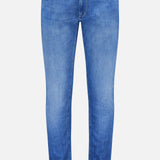 Soft Touch Light Stretch Jeans by PT TORINO: blue, slim-fit stretch denim with button and zip fly, front and back pockets, subtle thigh and knee fading. Shown on a plain white background.