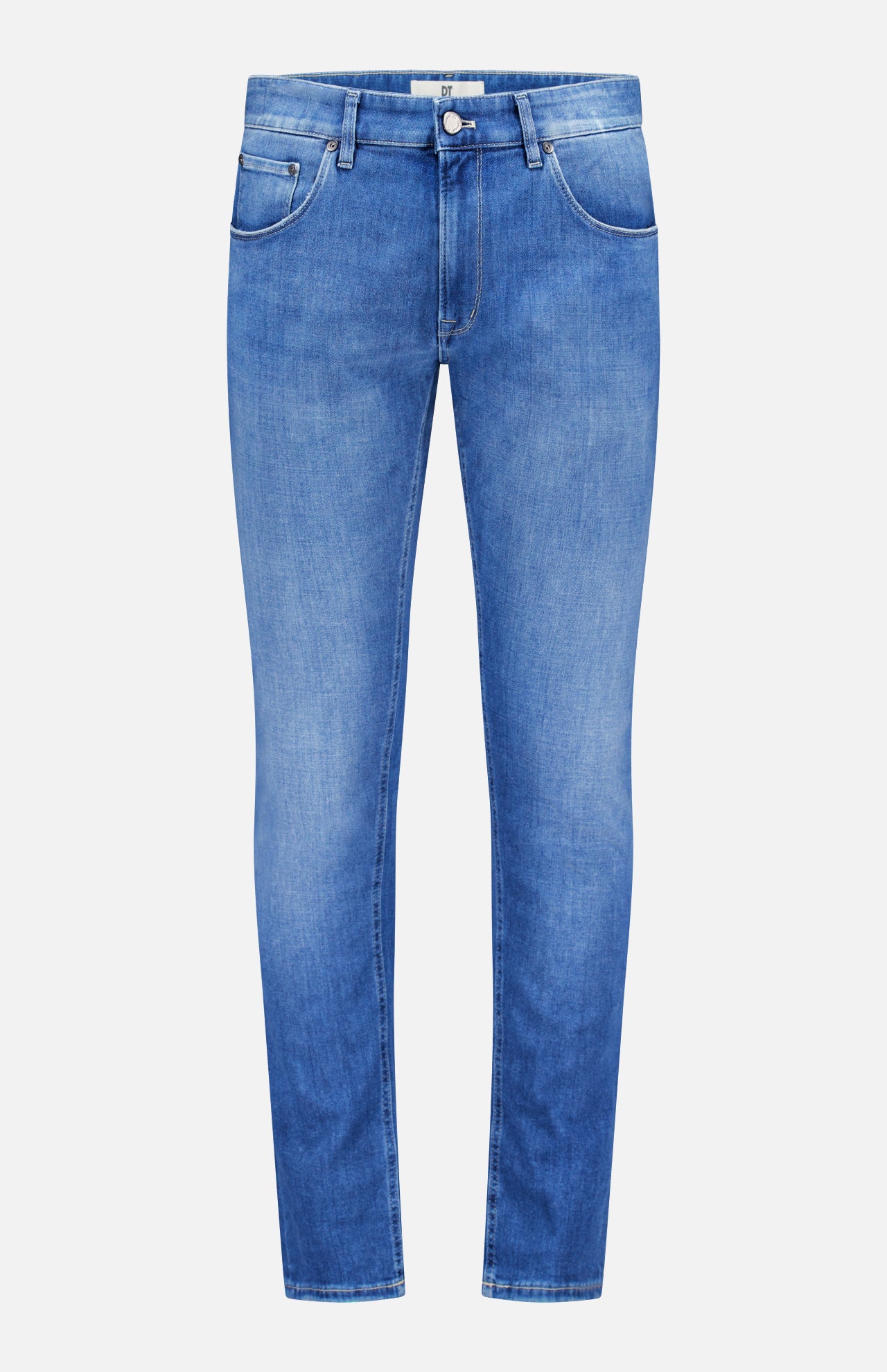 Soft Touch Light Stretch Jeans by PT TORINO: blue, slim-fit stretch denim with button and zip fly, front and back pockets, subtle thigh and knee fading. Shown on a plain white background.