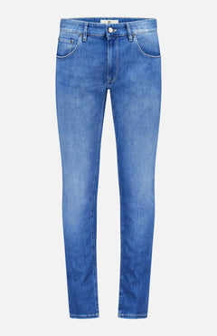 Soft Touch Light Stretch Jeans by PT TORINO: blue, slim-fit stretch denim with button and zip fly, front and back pockets, subtle thigh and knee fading. Shown on a plain white background.