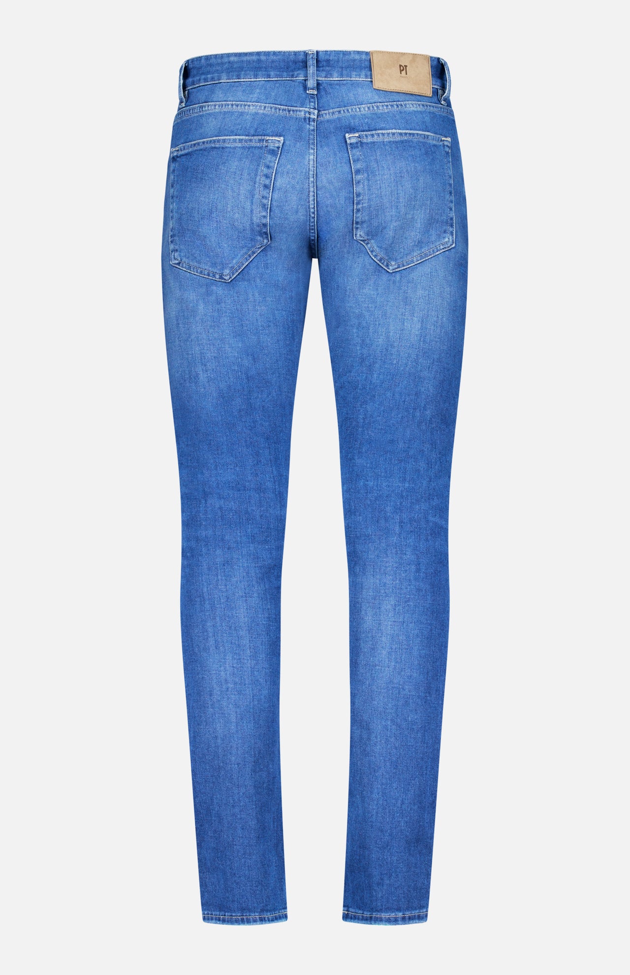 The PT TORINO Soft Touch Light Stretch Jeans feature two back pockets, belt loops, a tan leather waistband patch, and a slightly tapered leg in stretch denim, shown from the back.