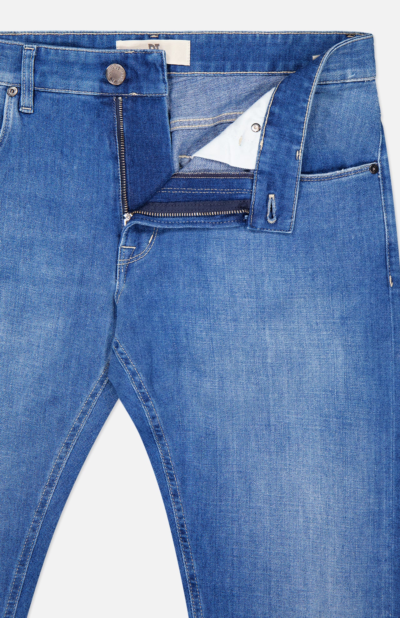 The PT TORINO Soft Touch Light Stretch Jeans feature a fly left unzipped and waistband unbuttoned, subtly displaying the white pocket lining and inner waistband for a relaxed look.