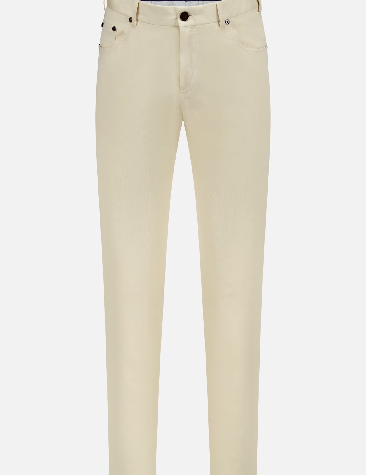The PT TORINO Stretch Clean Silkochino Pants are slim-fit, off-white cotton silk pants featuring a 5-pocket design, belt loops, and button closure, shown on a white background.