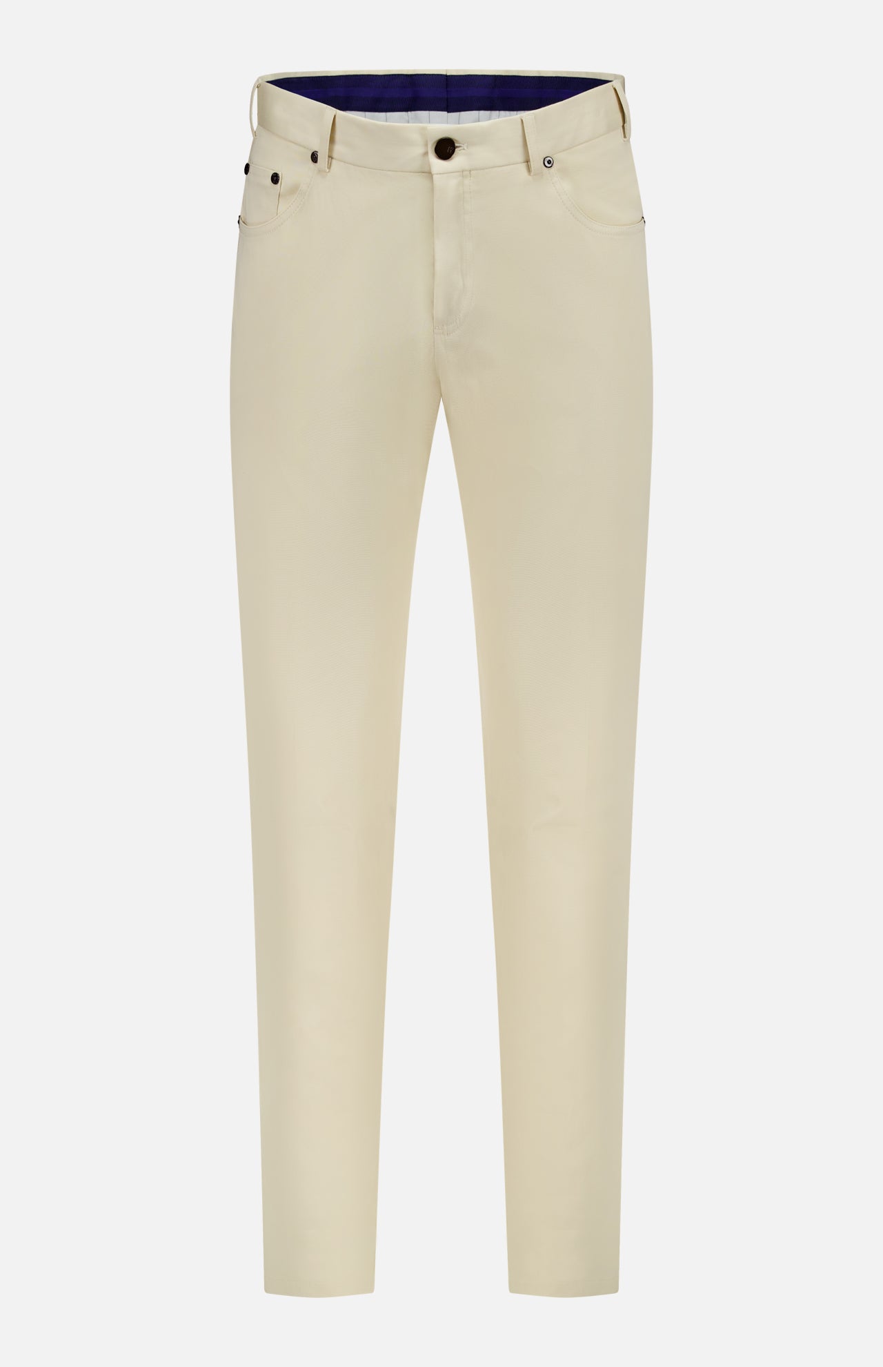 The PT TORINO Stretch Clean Silkochino Pants are slim-fit, off-white cotton silk pants featuring a 5-pocket design, belt loops, and button closure, shown on a white background.
