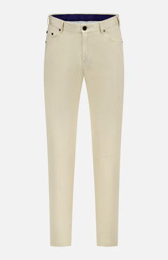The PT TORINO Stretch Clean Silkochino Pants are slim-fit, off-white cotton silk pants featuring a 5-pocket design, belt loops, and button closure, shown on a white background.