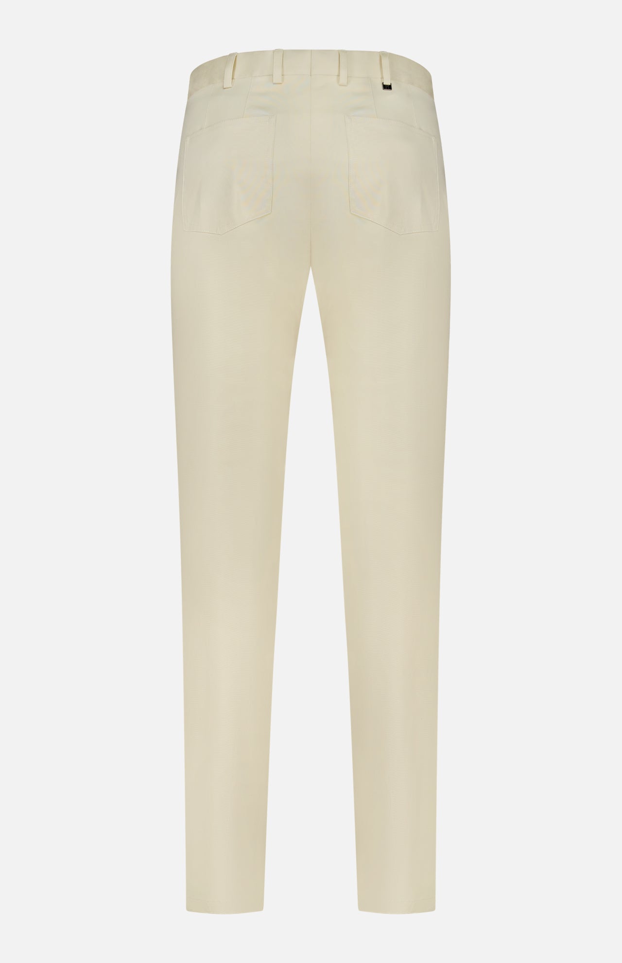 Back view of PT TORINO Stretch Clean Silkochino Pants in off-white cotton silk, featuring belt loops and two back pockets, shown on a plain white background.