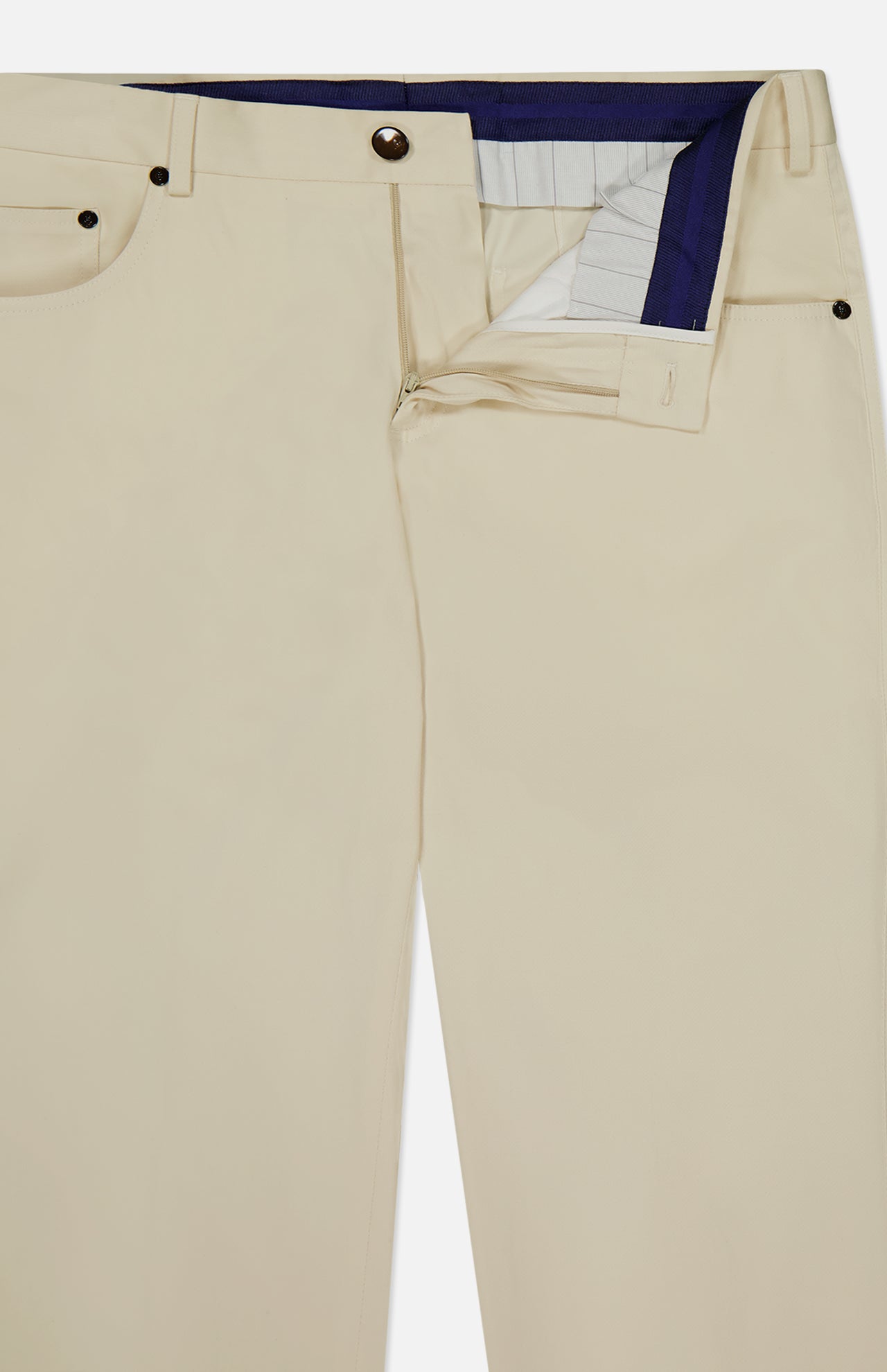 PT TORINO Stretch Clean Silkochino Pants in beige cotton-silk, shown partially unzipped to reveal a blue-white striped inner waistband. Features include front pockets, a minimal look, and classic 5-pocket styling.