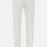 PT TORINO's Stretch Cotton Herringbone Pants are slim-fit, off-white, crafted from a soft cotton blend with five pockets, belt loops, and a button-and-zipper closure, shown against a plain white background.