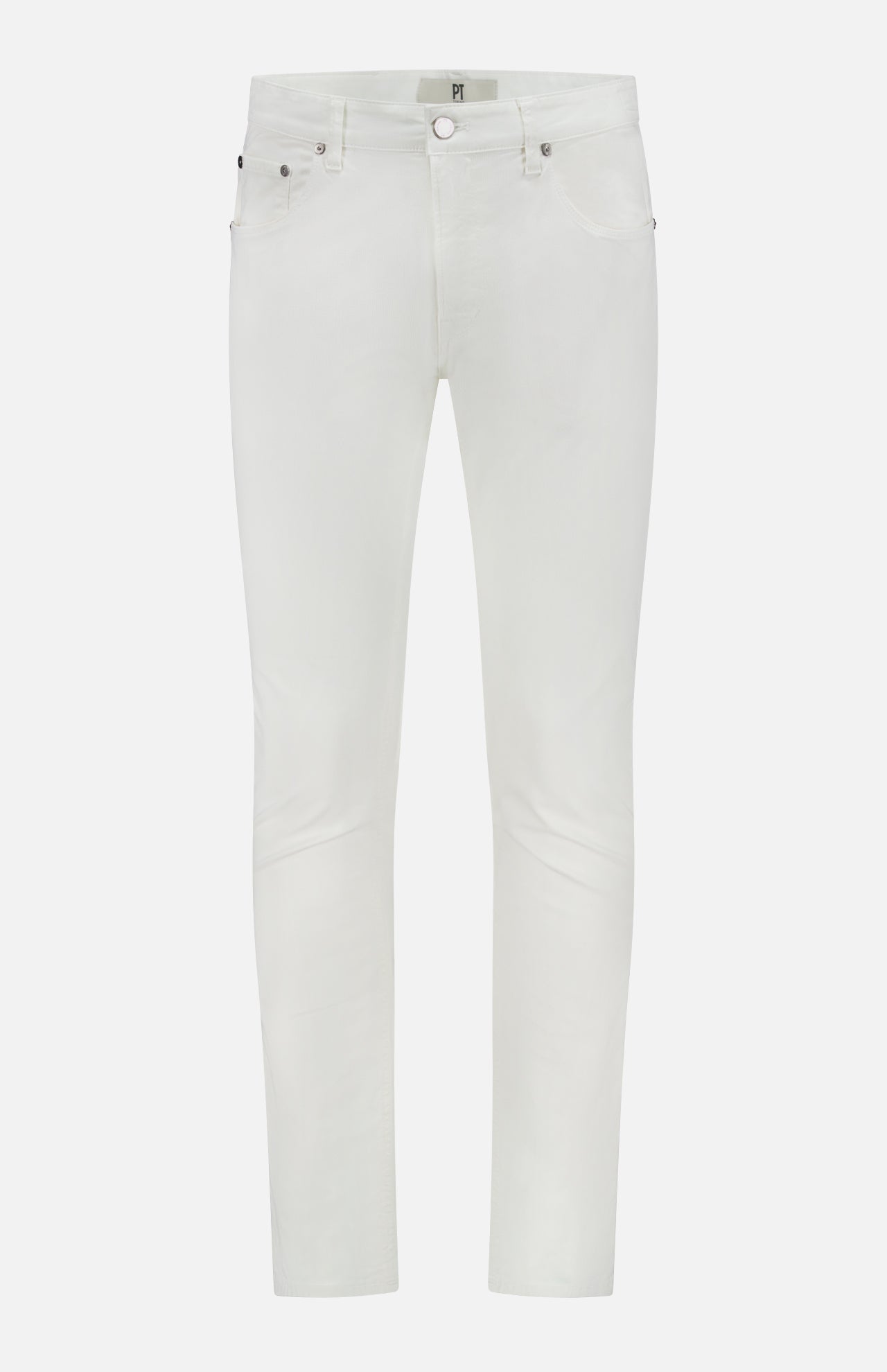 PT TORINO's Stretch Cotton Herringbone Pants are slim-fit, off-white, crafted from a soft cotton blend with five pockets, belt loops, and a button-and-zipper closure, shown against a plain white background.