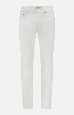 PT TORINO's Stretch Cotton Herringbone Pants are slim-fit, off-white, crafted from a soft cotton blend with five pockets, belt loops, and a button-and-zipper closure, shown against a plain white background.
