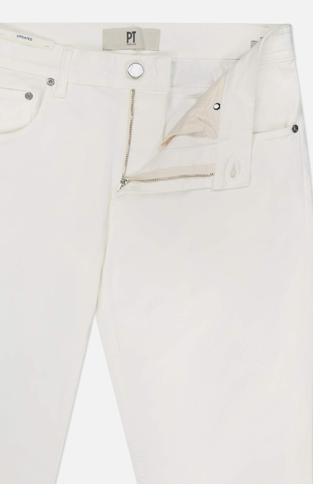 PT TORINO’s Stretch Cotton Herringbone Pants feature a subtle herringbone print, visible stitching, belt loops, and off-white cotton-blend fabric. The partially unzipped fly reveals a metal button and pocket lining for added detail.