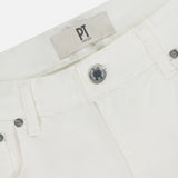 Close-up of the waistband and upper front of PT TORINO Stretch Cotton Herringbone Pants in off-white, featuring silver buttons, belt loops, and a beige inner label that highlights the brand’s refined cotton-blend fabric.
