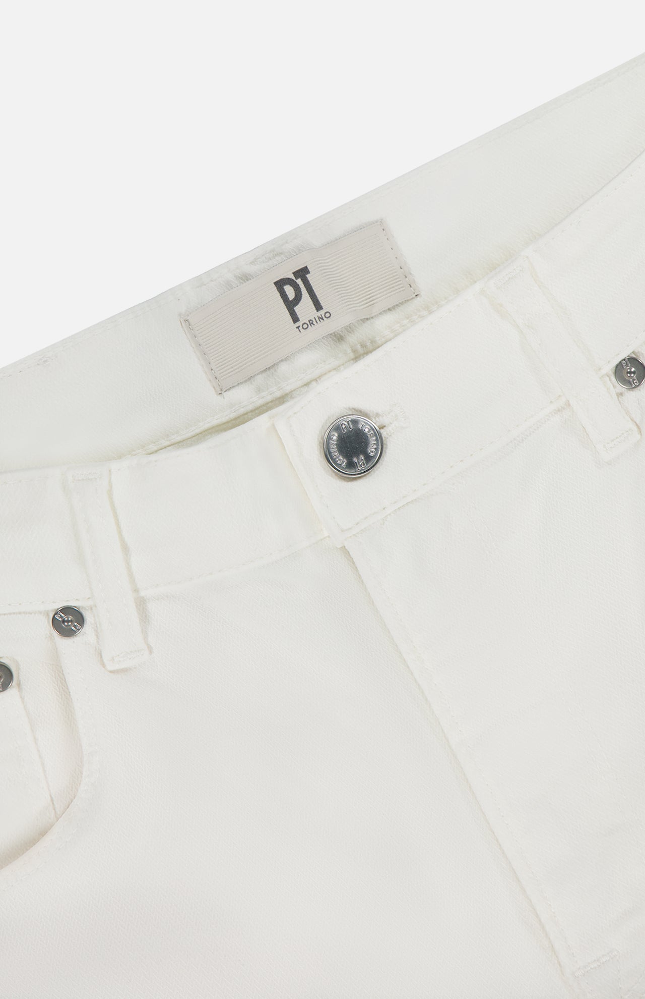 Close-up of the waistband and upper front of PT TORINO Stretch Cotton Herringbone Pants in off-white, featuring silver buttons, belt loops, and a beige inner label that highlights the brand’s refined cotton-blend fabric.