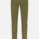 PT TORINO’s Stretch Fine Canvas Trouser Pants in olive green are men's slim fit cotton pants with belt loops, two buttoned back pockets, and a tapered silhouette, shown from the back against a plain white background.