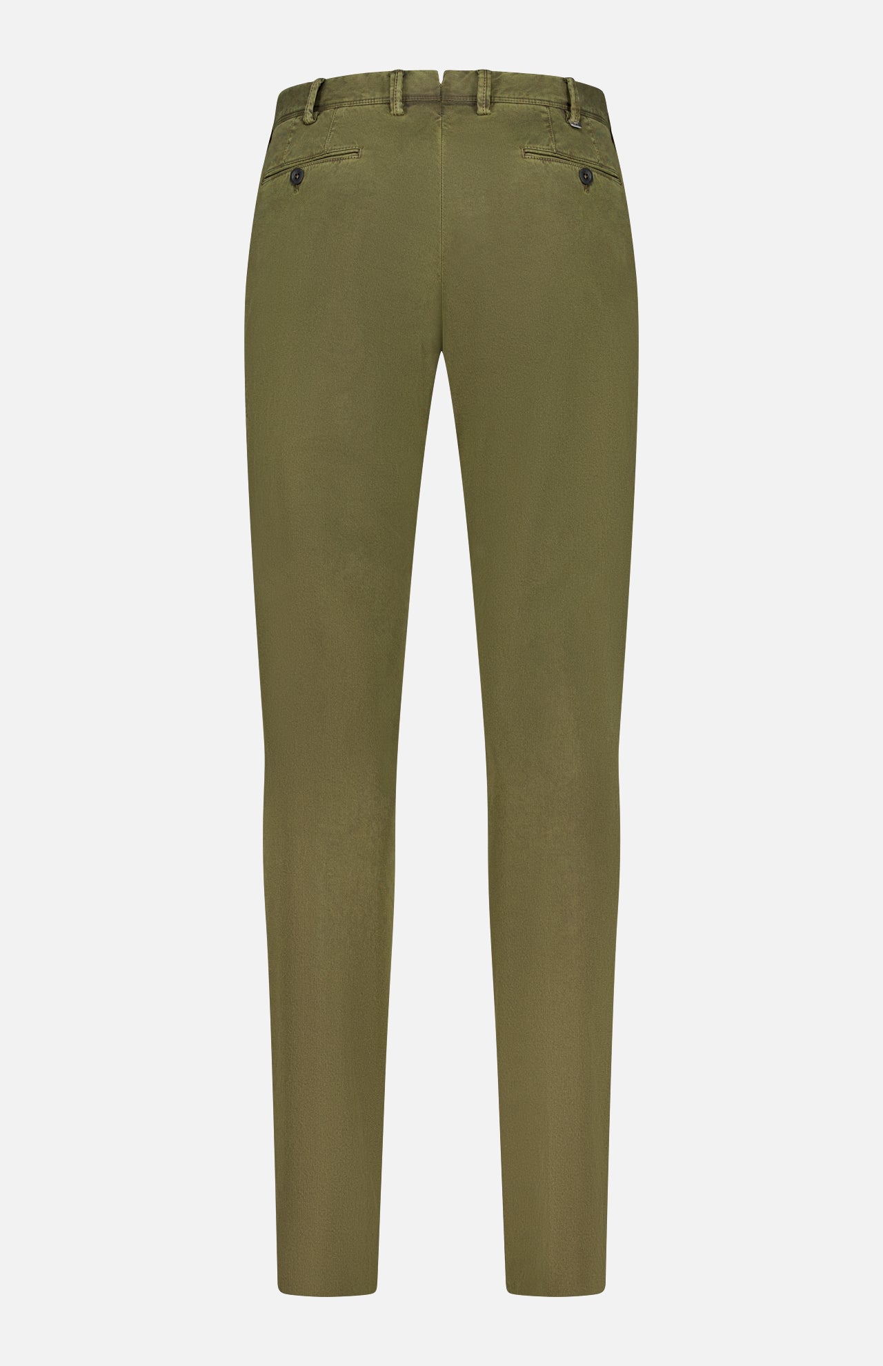 PT TORINO’s Stretch Fine Canvas Trouser Pants in olive green are men's slim fit cotton pants with belt loops, two buttoned back pockets, and a tapered silhouette, shown from the back against a plain white background.