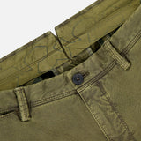 Close-up of the waistband and button on PT TORINO's Stretch Fine Canvas Trouser Pants in slim fit dark green cotton, featuring belt loops, visible inner lining, and the top of the zipper fly.