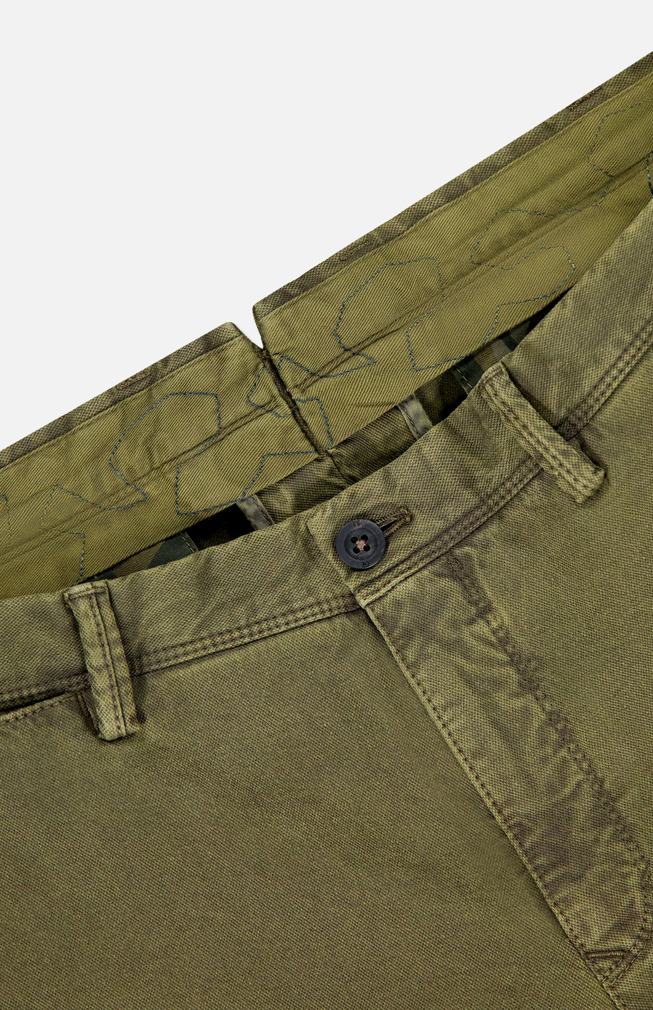 Close-up of the waistband and button on PT TORINO's Stretch Fine Canvas Trouser Pants in slim fit dark green cotton, featuring belt loops, visible inner lining, and the top of the zipper fly.
