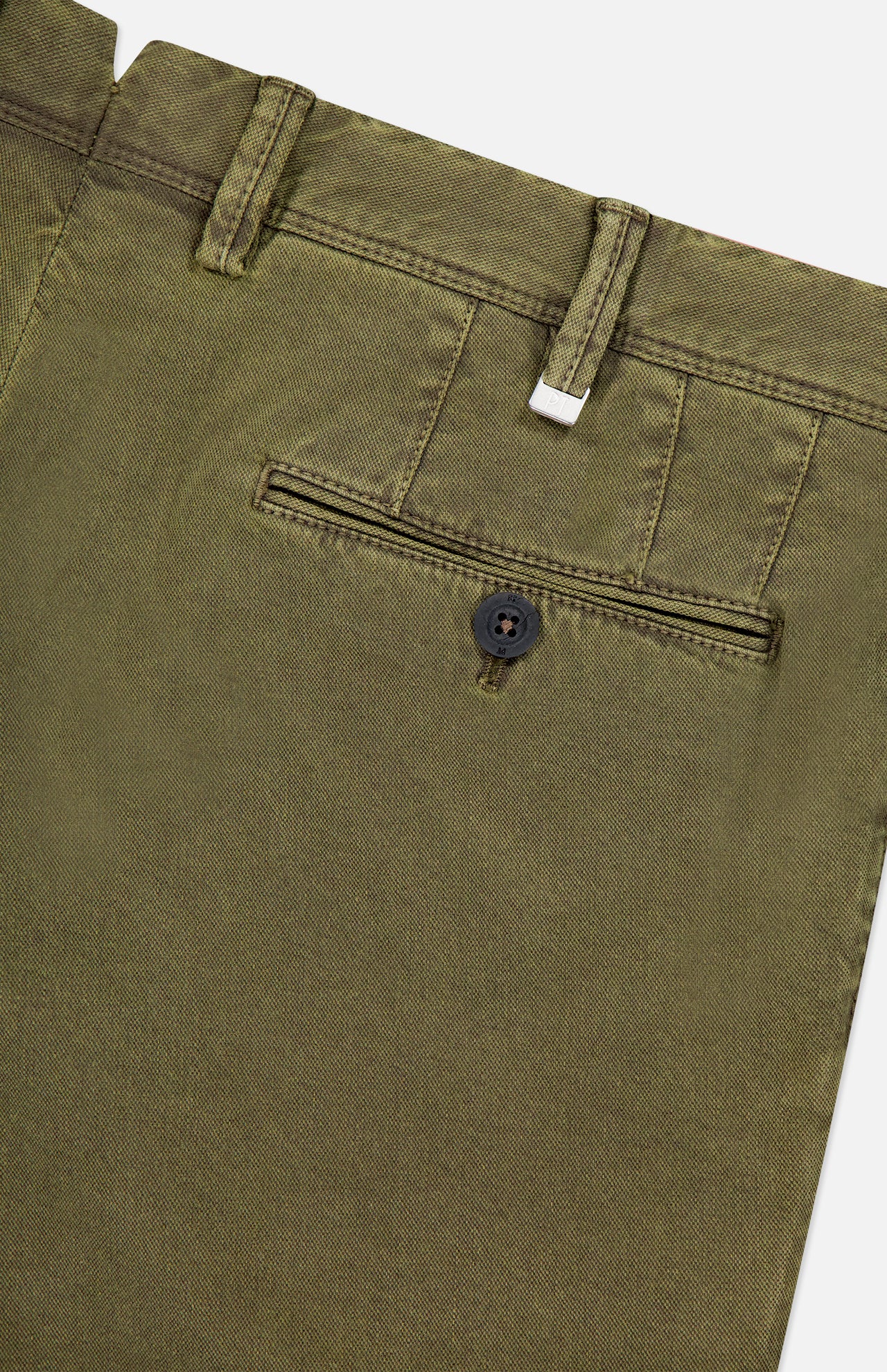 Close-up of PT TORINO Stretch Fine Canvas Trouser Pants in slim fit dark green, highlighting the back pocket with a black button, belt loops, and visible stitching on cotton canvas fabric.