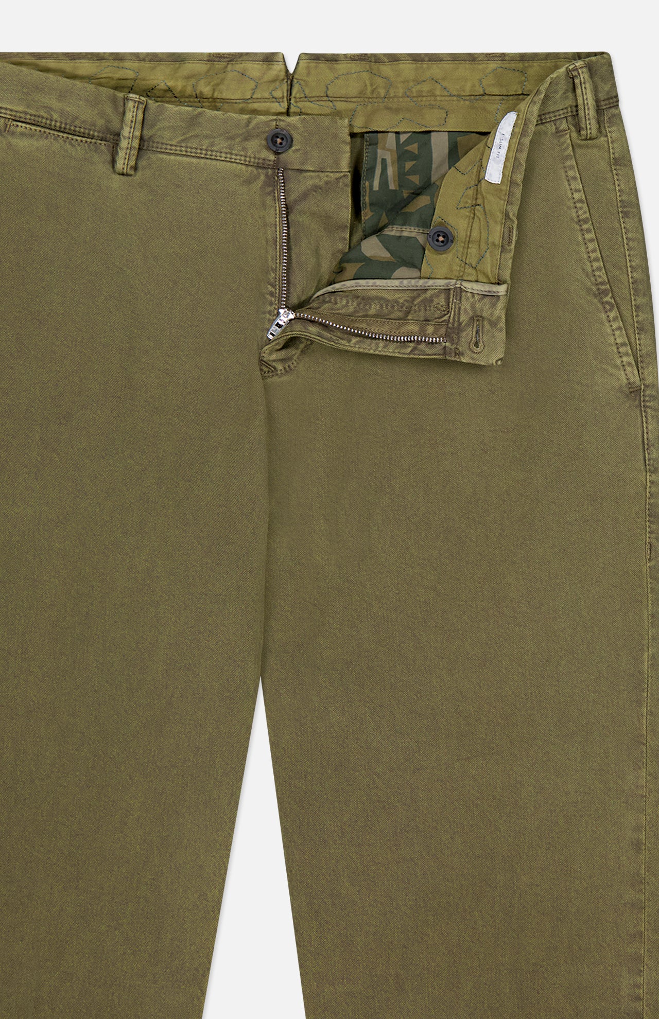 PT TORINO Stretch Fine Canvas Trouser Pants in olive green cotton feature a slim fit, belt loops, casual worn-in texture, and a partially open zipper and button showing an inner green camouflage waistband.