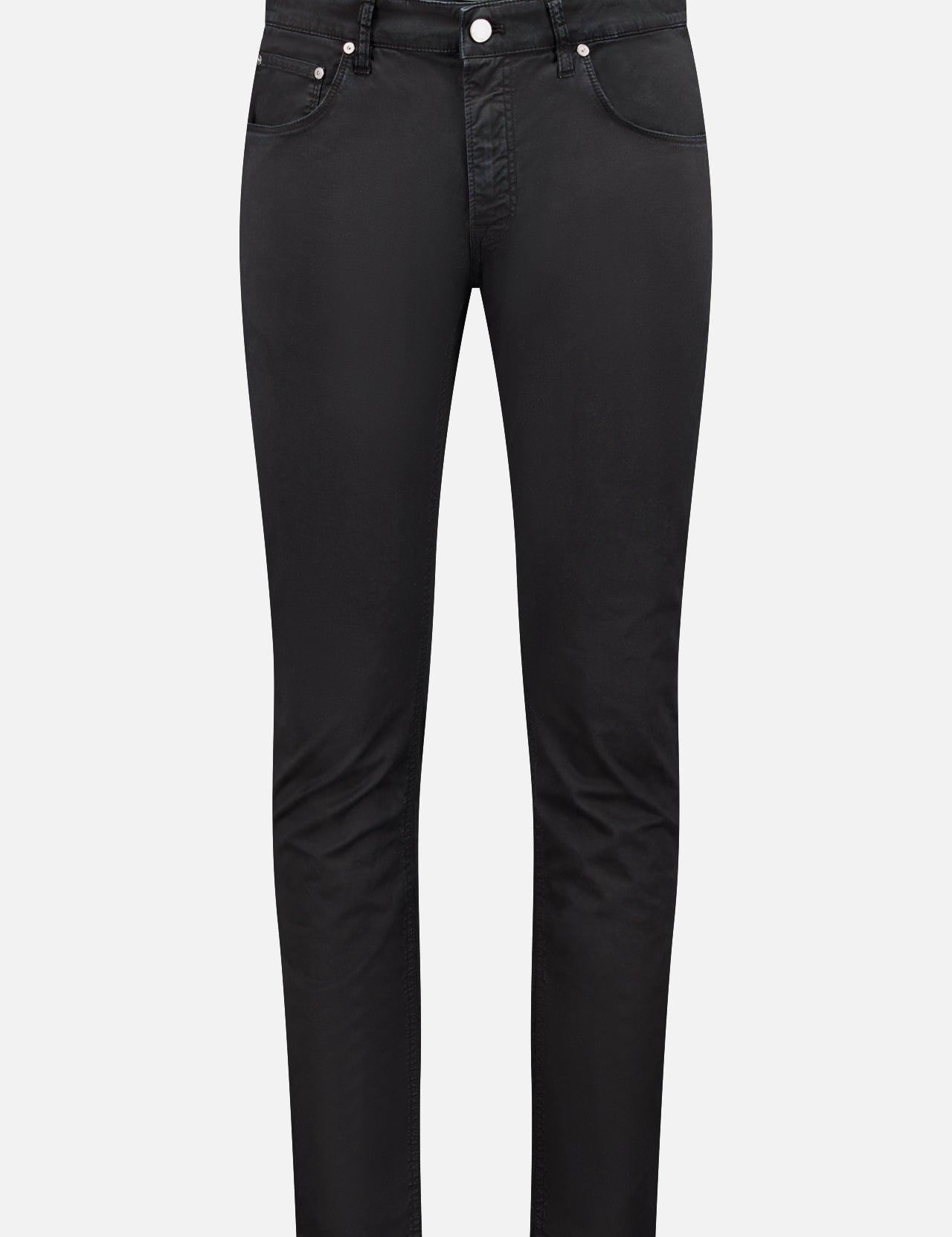 The PT TORINO Stretch Gabardine 5-Pocket Pants are slim-fit black jeans with a classic 5-pocket design, button closure, and belt loops, shown on a plain white background.