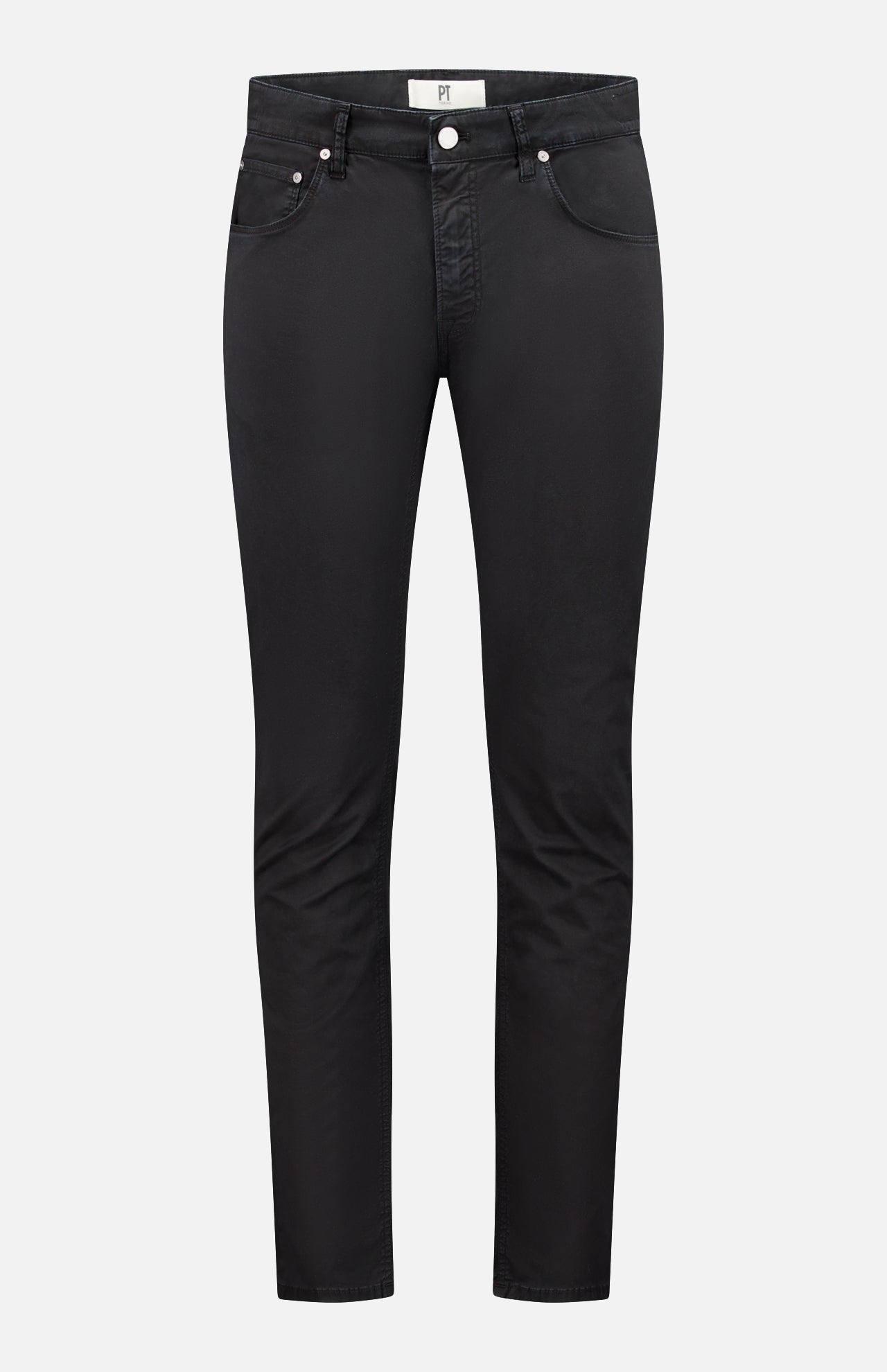 The PT TORINO Stretch Gabardine 5-Pocket Pants are slim-fit black jeans with a classic 5-pocket design, button closure, and belt loops, shown on a plain white background.