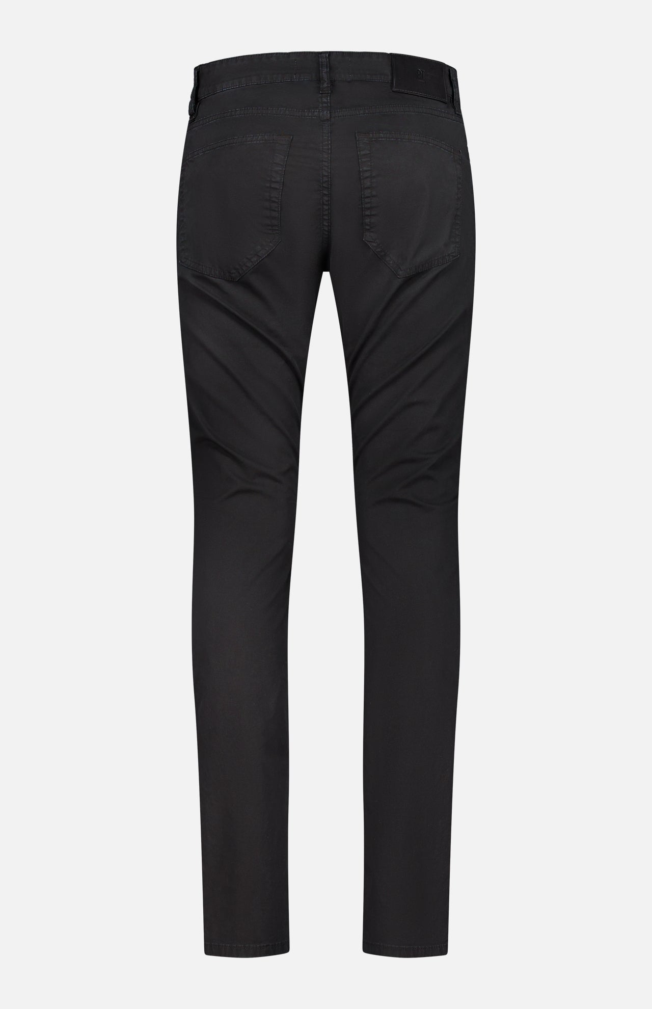 Back view of PT TORINO Stretch Gabardine 5-Pocket Pants in black, showing two rear pockets, visible stitching, and a straight leg cut, displayed on a plain white background.