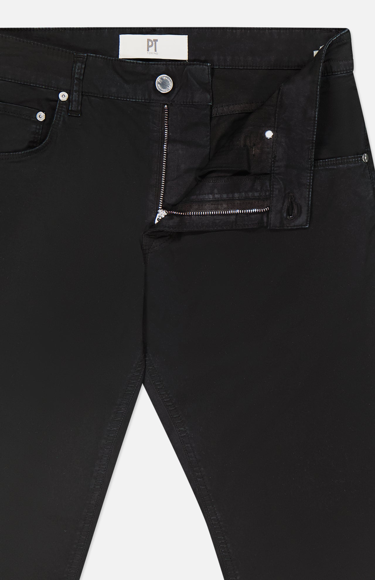 PT TORINO Stretch Gabardine 5-Pocket Pants in black, featuring a front zipper and button fly, classic 5-pocket design with metal rivets, and a white PT-inscribed label on the inner waistband. Made in Italy.
