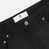 Close-up of the waistband and upper section of PT TORINO Stretch Gabardine 5-Pocket Pants in black, featuring silver buttons, belt loops, a white PT TORINO label inside, and Italian craftsmanship.