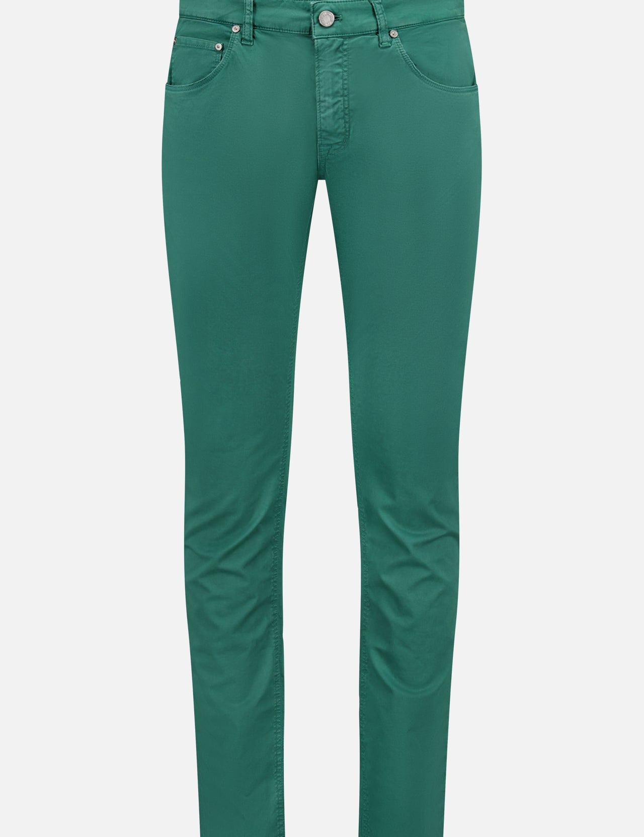 The PT TORINO Stretch Gabardine 5-Pocket Pants are slim-fit green pants featuring a classic 5-pocket design, belt loops, and button-zipper closure, made in Italy and shown on a white background.