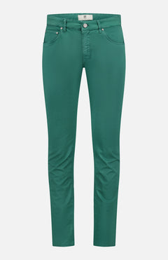 The PT TORINO Stretch Gabardine 5-Pocket Pants are slim-fit green pants featuring a classic 5-pocket design, belt loops, and button-zipper closure, made in Italy and shown on a white background.