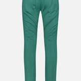 Back view of PT TORINO Stretch Gabardine 5-Pocket Pants in green, featuring a slim fit and tan leather waistband patch. Made in Italy, shown against a plain white background.
