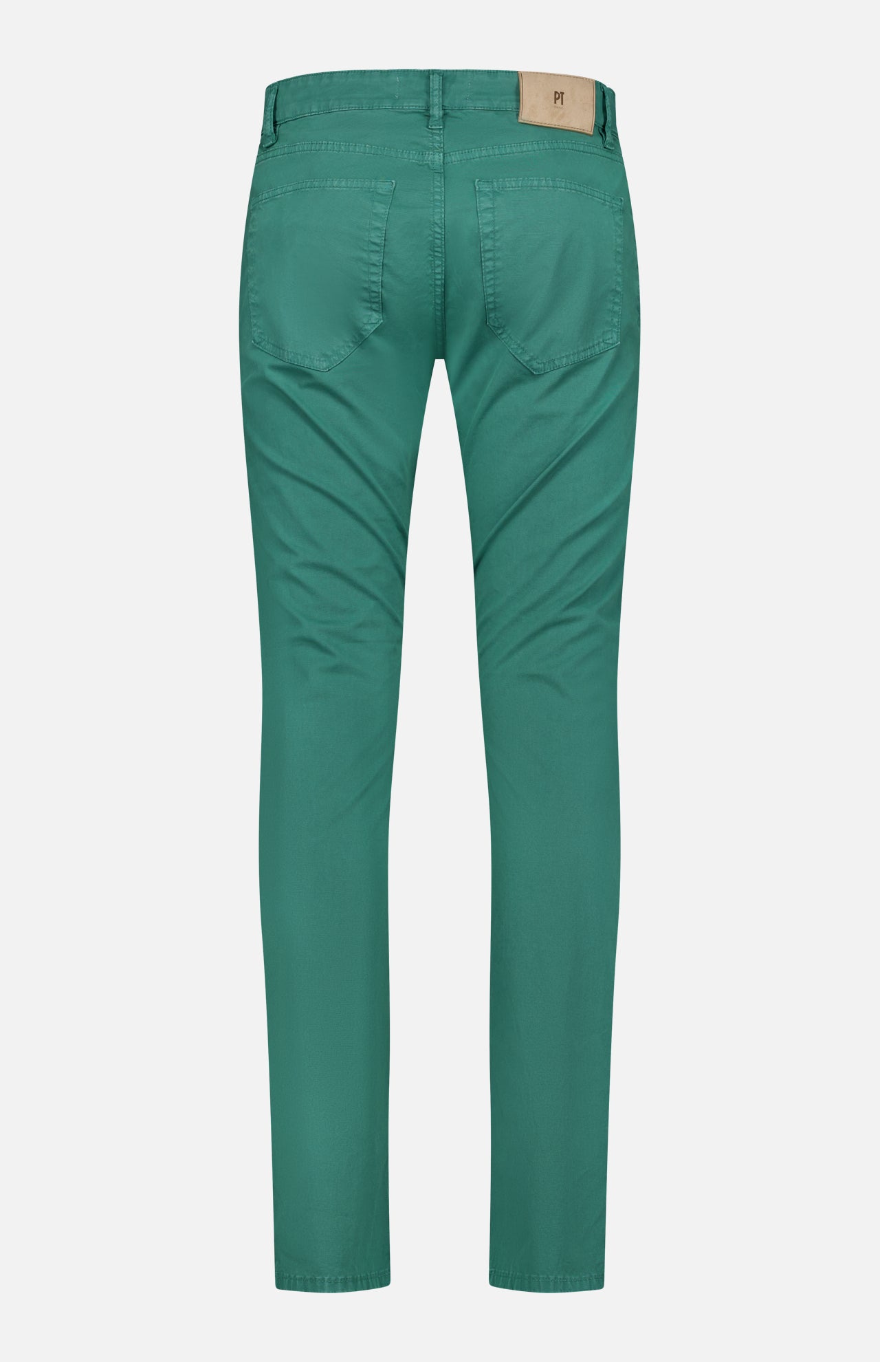 Back view of PT TORINO Stretch Gabardine 5-Pocket Pants in green, featuring a slim fit and tan leather waistband patch. Made in Italy, shown against a plain white background.