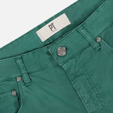 Close-up of PT TORINO Stretch Gabardine 5-Pocket Pants in green, with button and zip closure, belt loops, and white inner label. The smooth, slightly glossy fabric showcases Italian craftsmanship.