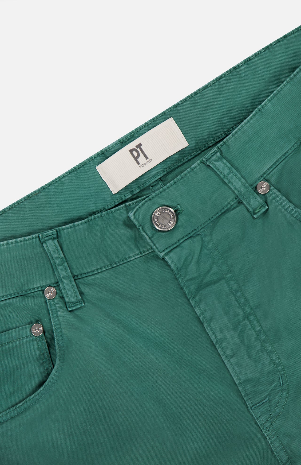 Close-up of PT TORINO Stretch Gabardine 5-Pocket Pants in green, with button and zip closure, belt loops, and white inner label. The smooth, slightly glossy fabric showcases Italian craftsmanship.