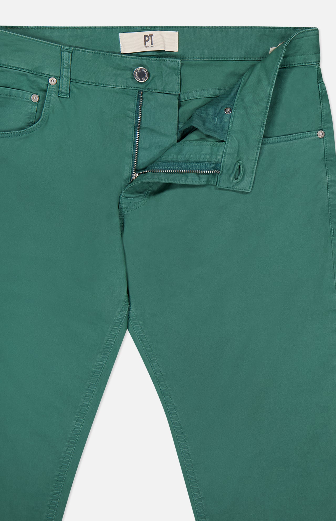 Stretch Gabardine 5-Pocket Pants by PT TORINO featuring a partially open zipper, button closure, and visible inner label, laid flat on a white background.