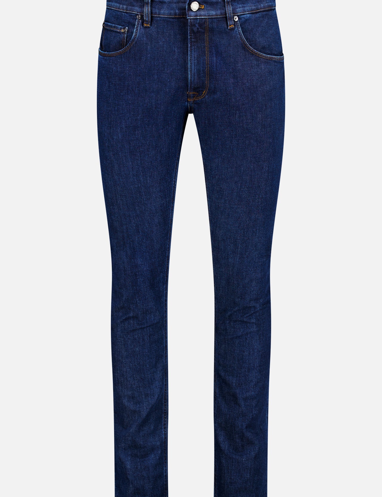 Stretch Japan Denim Jeans by PT TORINO in dark blue slim fit, made from premium Japanese denim with front/back pockets, belt loops, button and zipper closure; shown against a plain white background.