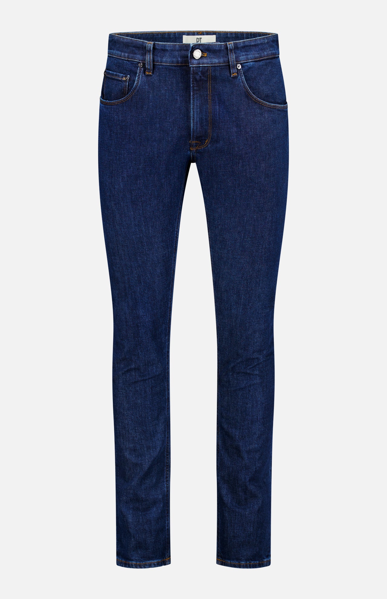 Stretch Japan Denim Jeans by PT TORINO in dark blue slim fit, made from premium Japanese denim with front/back pockets, belt loops, button and zipper closure; shown against a plain white background.