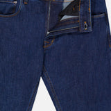The Stretch Japan Denim Jeans by PT TORINO are dark blue, made from premium Japanese denim, with a metal button, zipper fly, yellow stitching, classic 5-pocket style, and partially visible inner waistband and pocket lining.